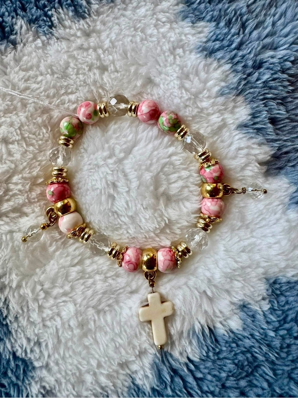 Pink Beaded Cross Charm Bracelet - Women Jewelry